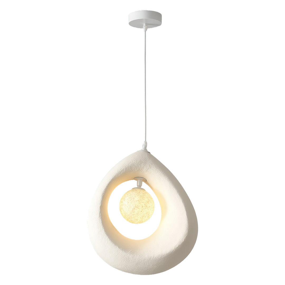 Modern white statement pendant light with ring design, perfect for dining or living rooms.