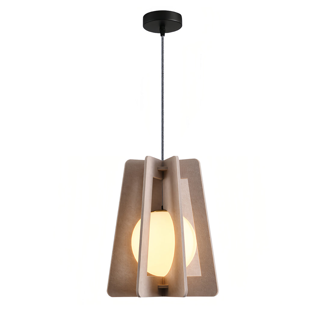 Neutral taupe felt fun pendant lights with a geometric design, casting a gentle white light for modern spaces. 