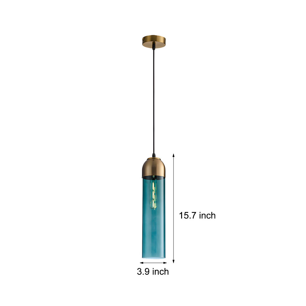 Teal blue glass Gold Frosted Cylinder Pendant size chart with 15.7 inch and 3.9 inch measures.