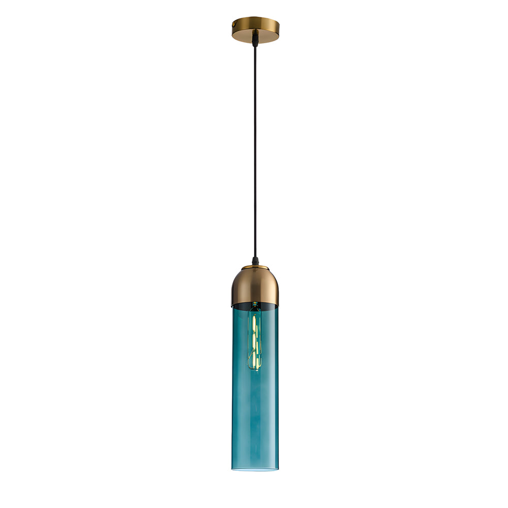 A teal blue Gold Frosted Cylinder Pendant light with gold top isolated on white background.