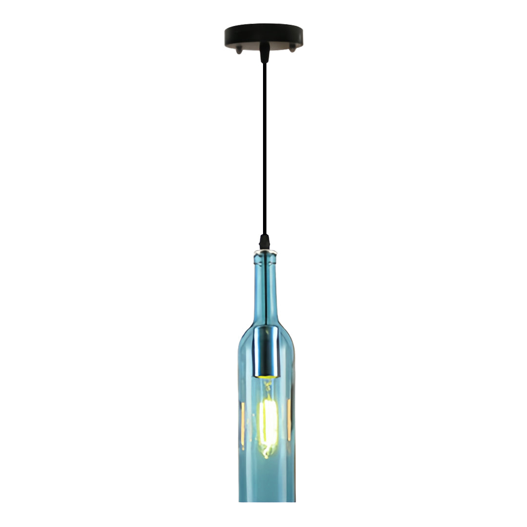 Blue wine bottle pendant light with teal glass creating coastal-inspired decorative lighting