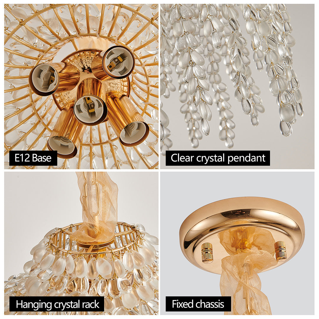 Close-up of gold teardrop crystal chandelier base showing high-quality craftsmanship and crystal details.