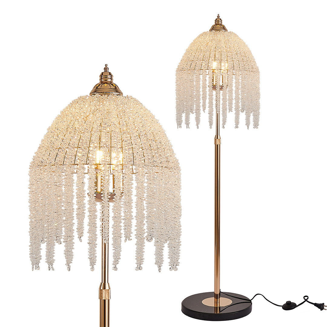 Pair of gold teardrop floor crystal lamps with hanging crystals, perfect for elegant home lighting.