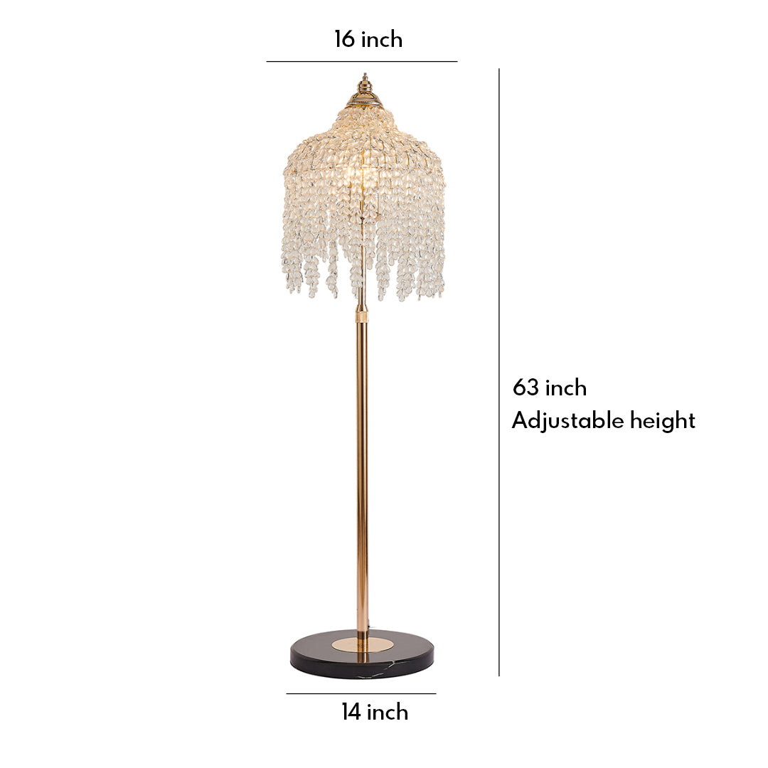 Elegant floor crystal lamps with teardrop crystals and gold stand, featuring adjustable height for modern interiors.