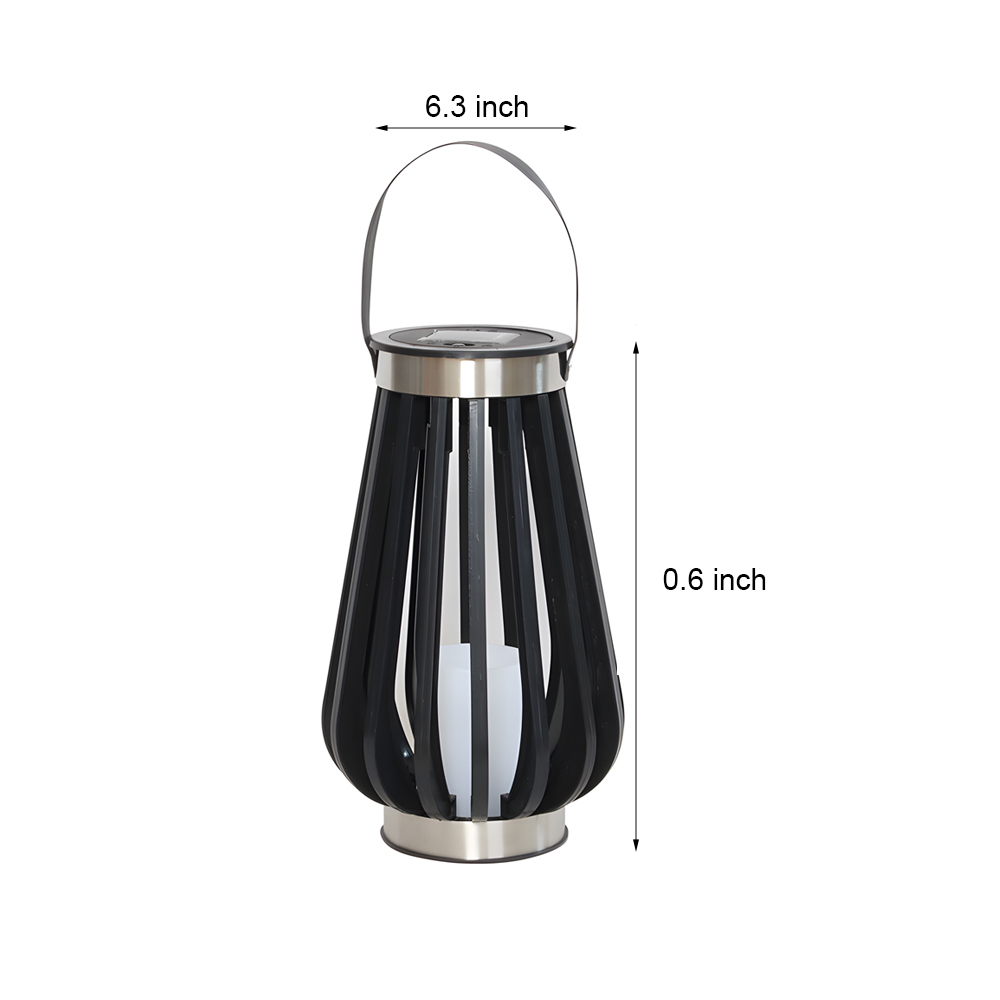 Black teardrop-shaped solar garden lantern with chrome handle and LED bulb design