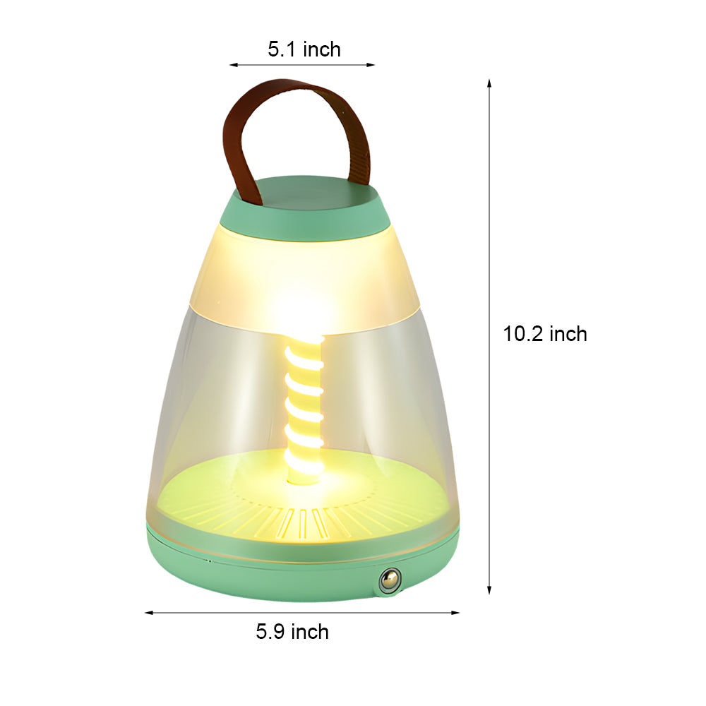 Technical drawing of portable battery powered outdoor table lamps showing cone-shaped design with handle and LED specifications