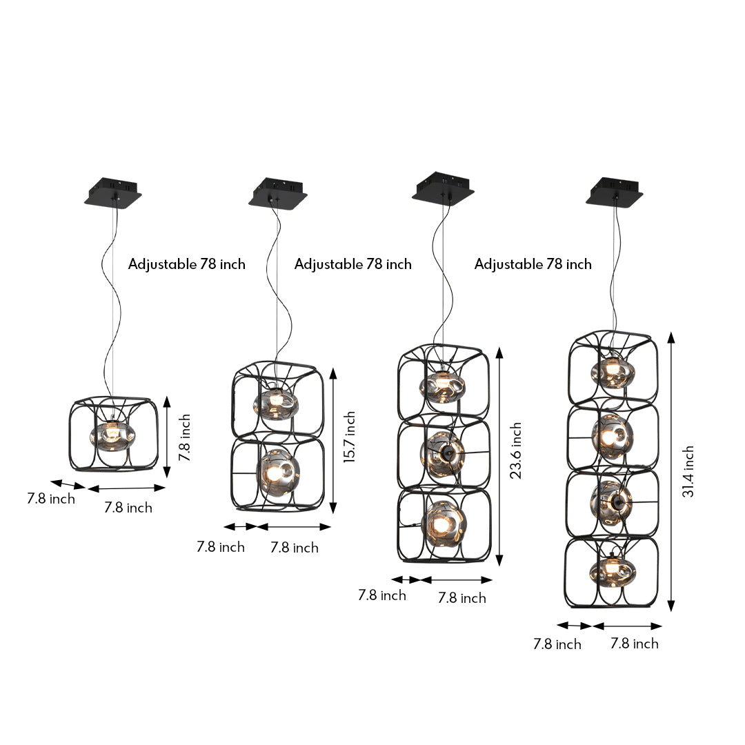 Technical drawing of caged pendant light with multiple wire frame designs and dimensional specifications