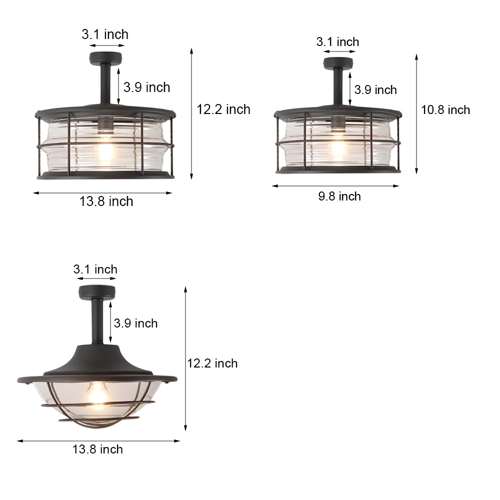 Technical drawing specifications for coastal semi flush mount ceiling light showing dimensions and installation requirements
