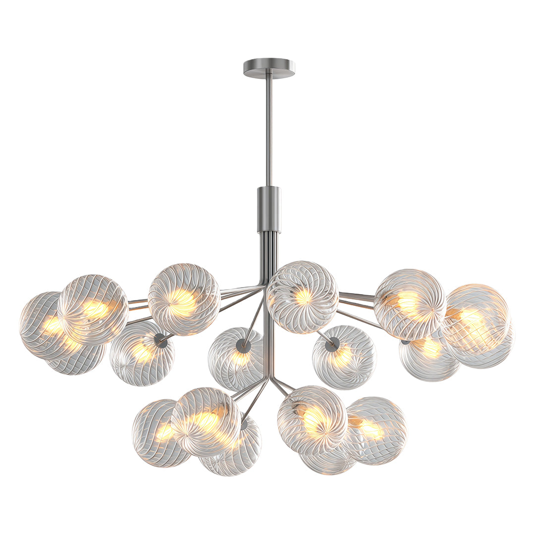 Technical diagram of luxury modern chandeliers showing dimensions and design details.