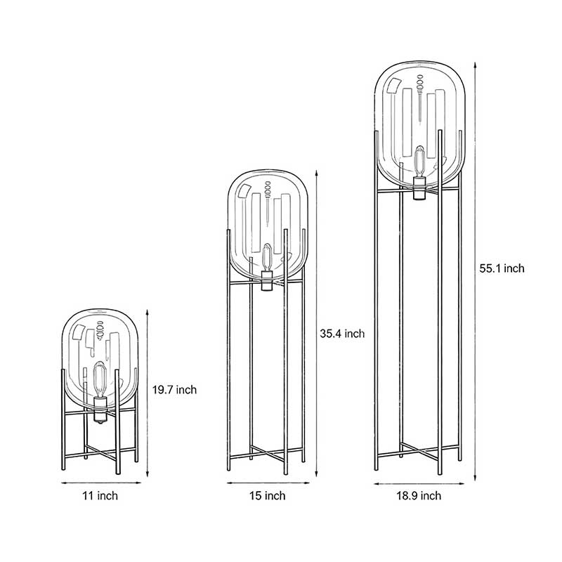 Technical drawing of bubble glass floor lamp with dimensions and three size options for installation.