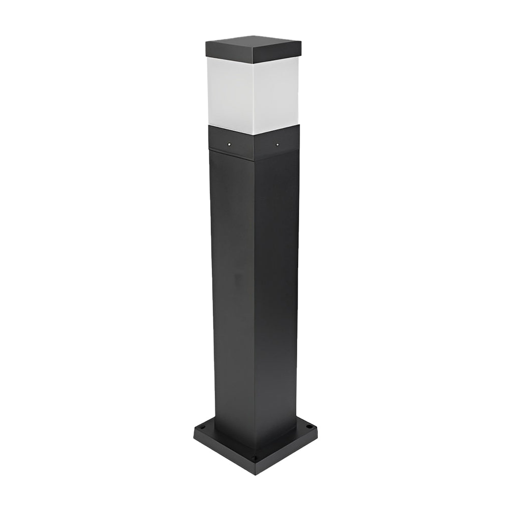 Technical drawing of commercial bollard lights with dimensions and three size variations for installation.