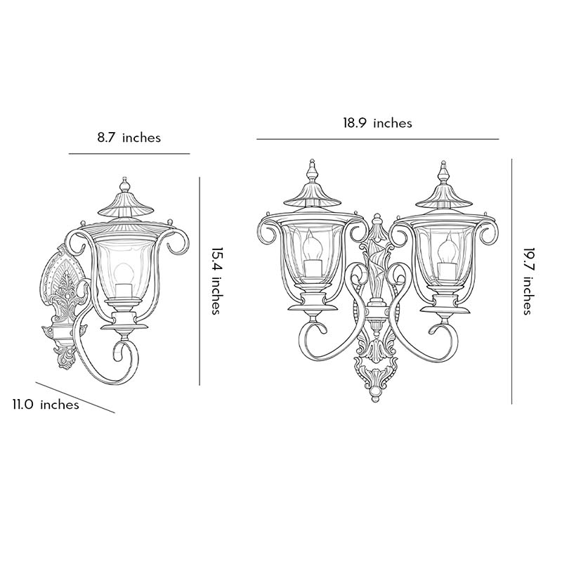 Technical dimension drawing of Copper Outdoor Wall Sconces for exterior residential lighting installation reference.