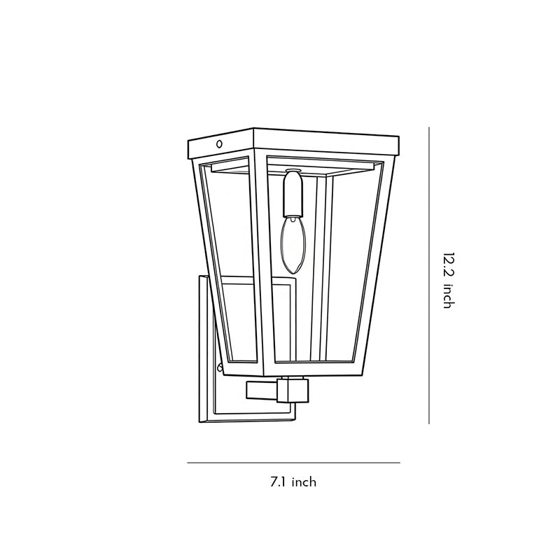Technical drawing of exterior LED wall lantern with dimensions and installation details for precise setup.