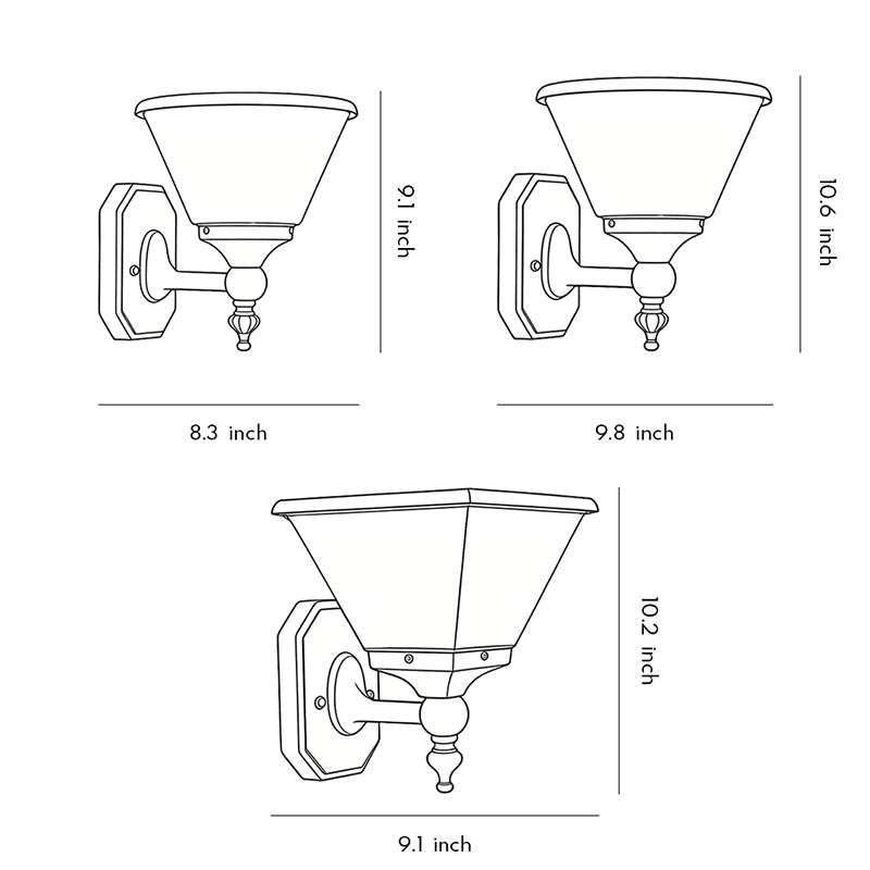 Technical drawing of funnel wall light with dimensions and installation details for two size options.