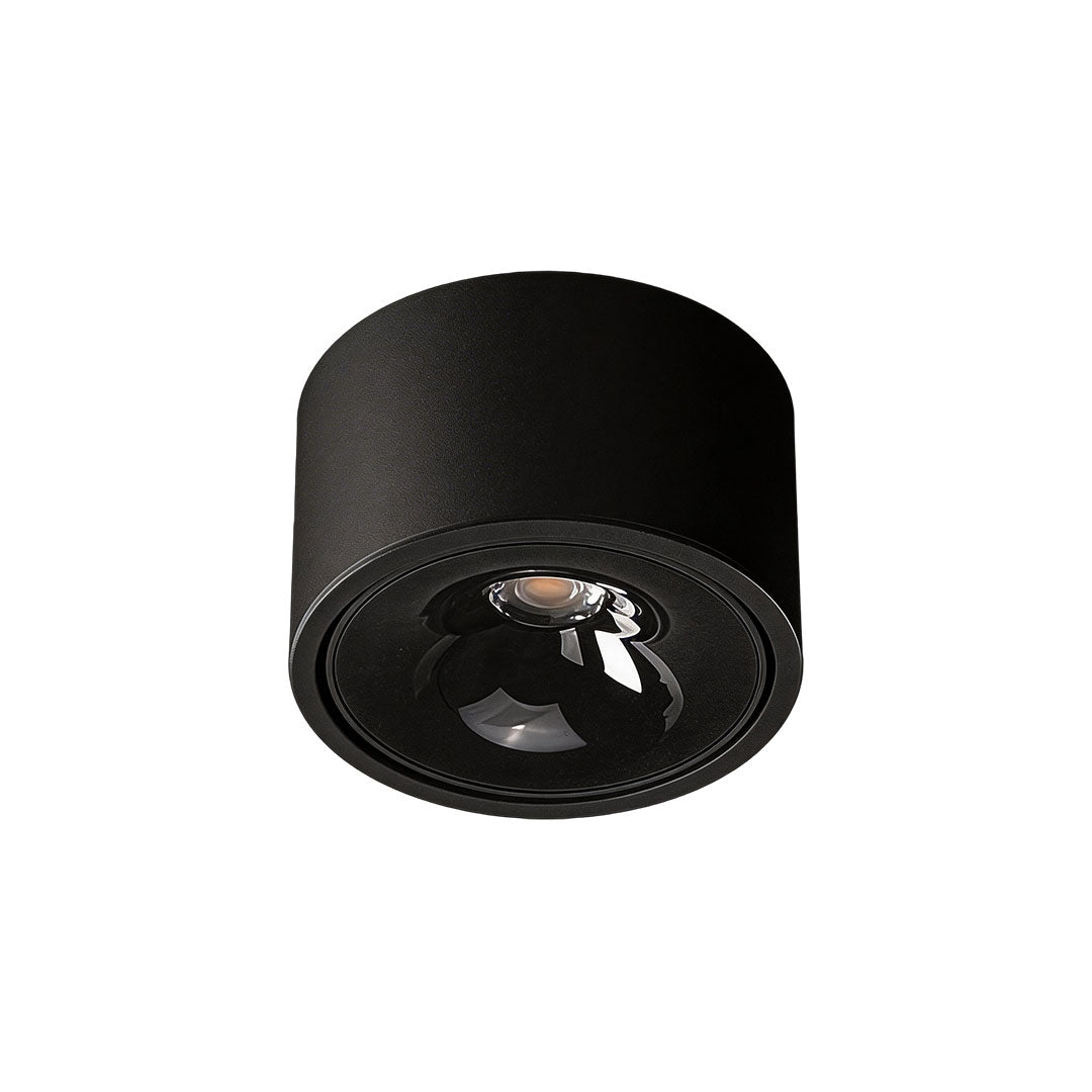 Technical drawing with dimensions and installation details for a white ceiling spotlight.