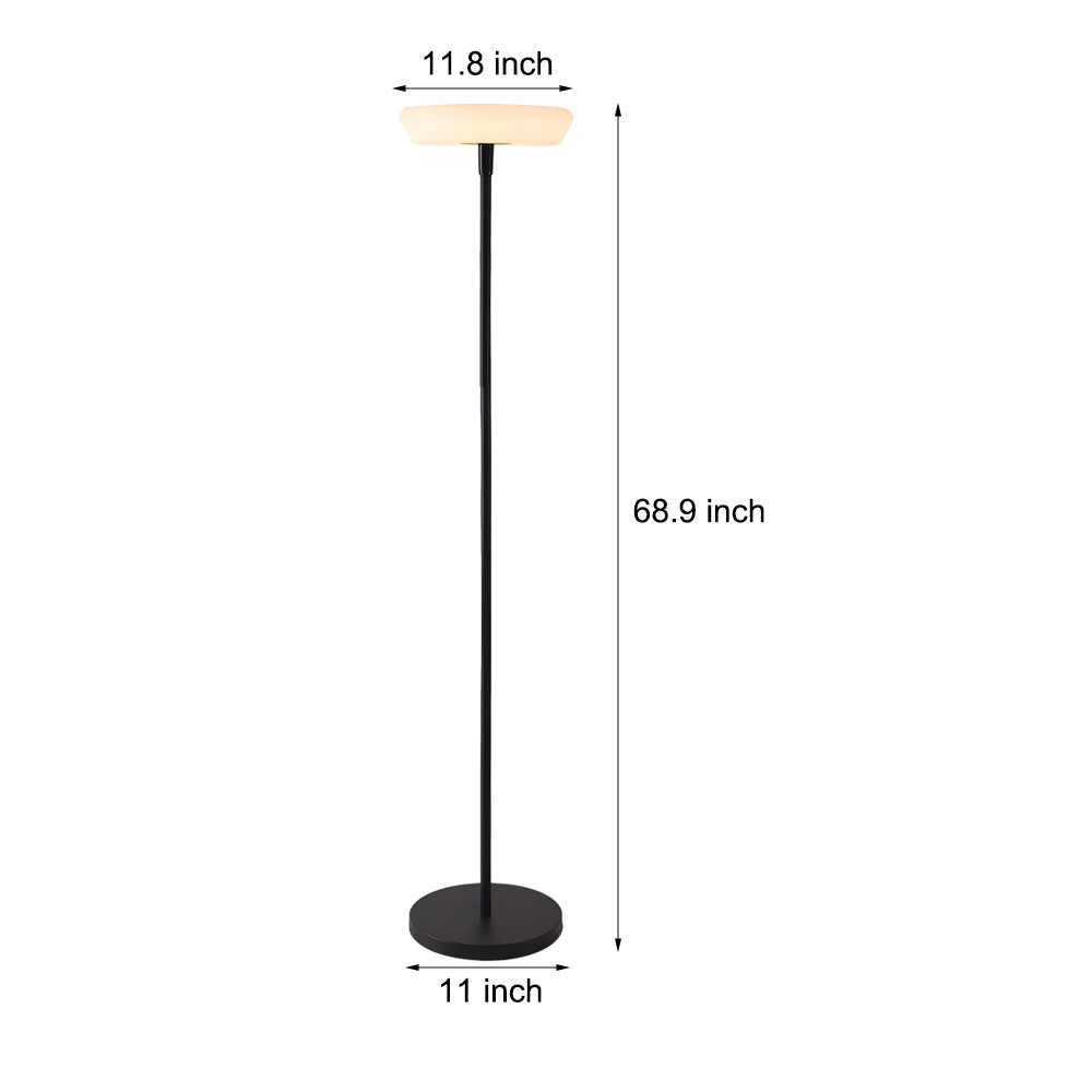 Technical drawing of minimalist halo floor lamp showing height specifications and circular LED light fixture design