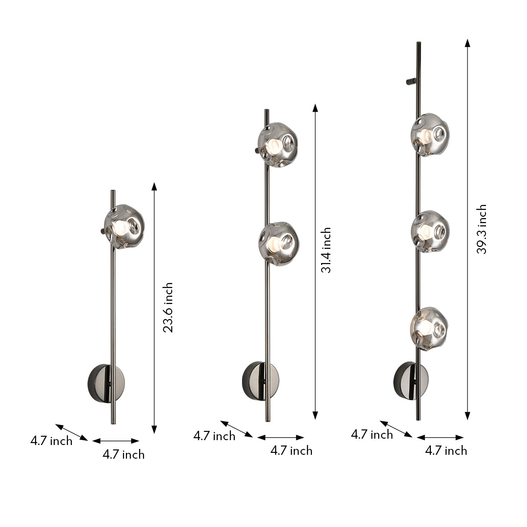 Technical drawing of indoor wall mounted lights showing vertical arrangement with multiple spherical glass shades