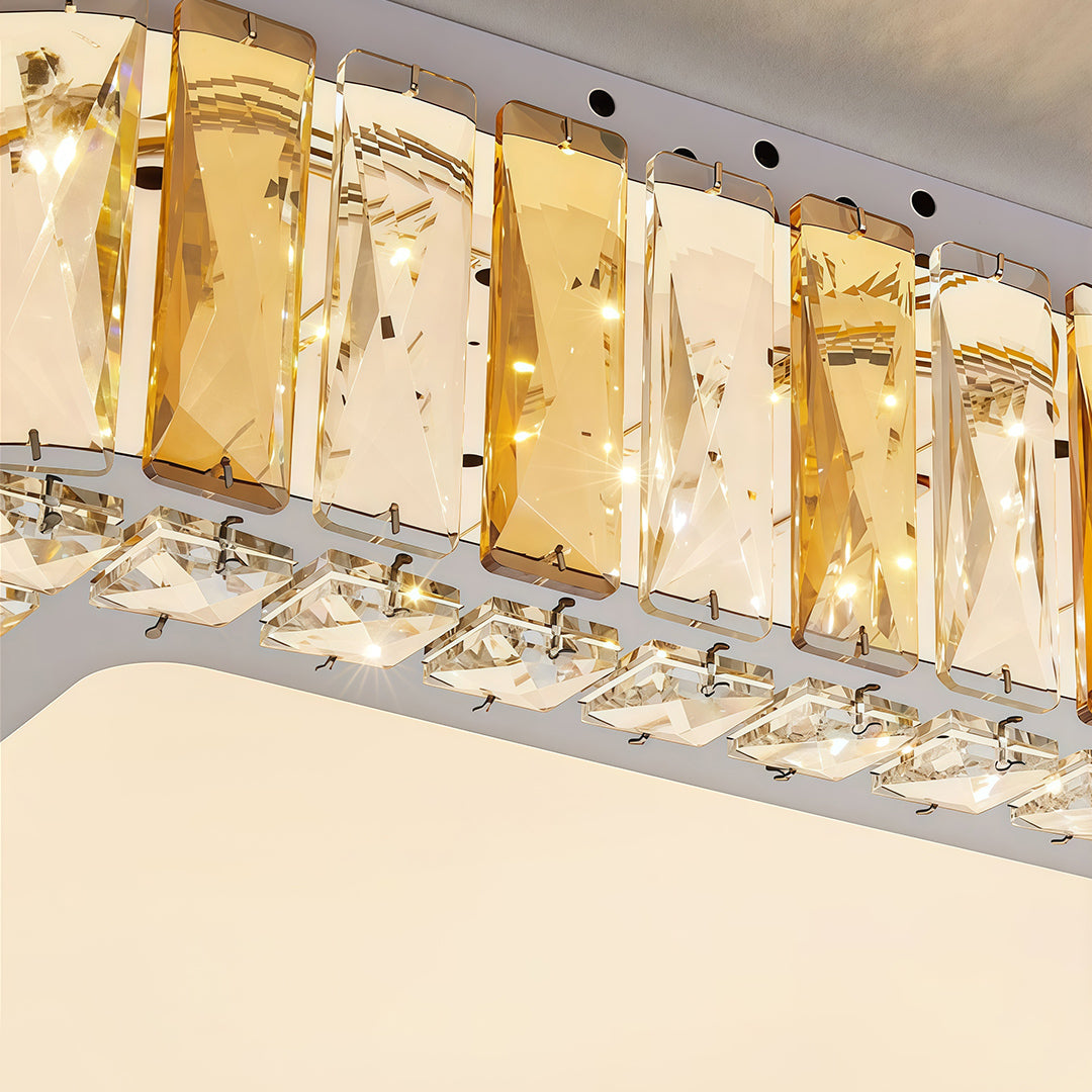 Technical installation view of LED flush mounted ceiling lights showing glass shade chandelier inspired modular panel construction.