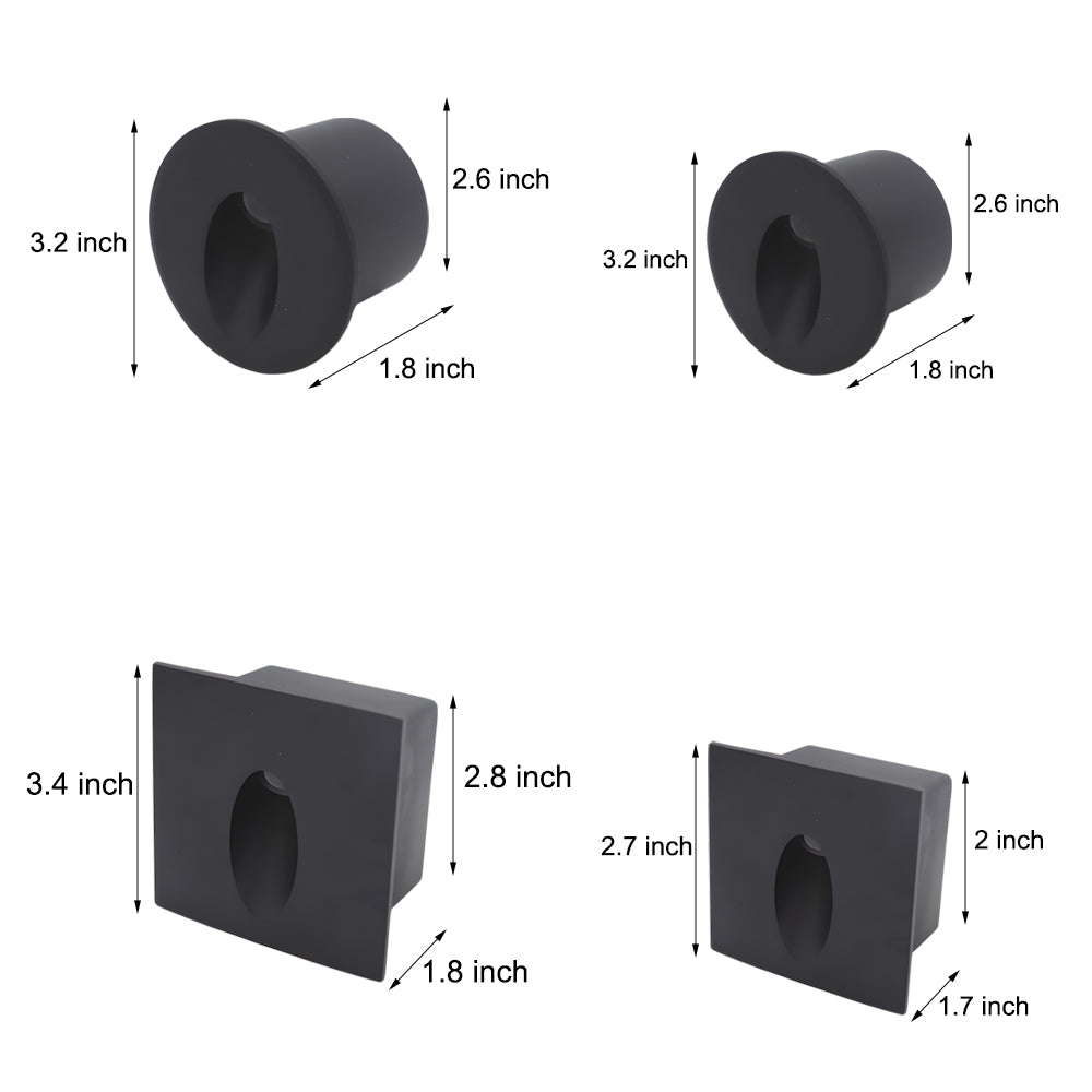 Technical drawing showing dimensions and specifications for square LED step light fixture with recessed mounting design