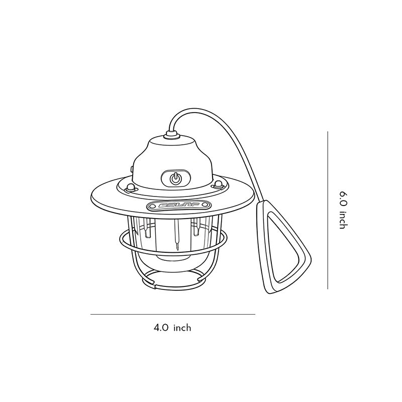 Technical line drawing of a portable hanging light, showing dimensions and design details.