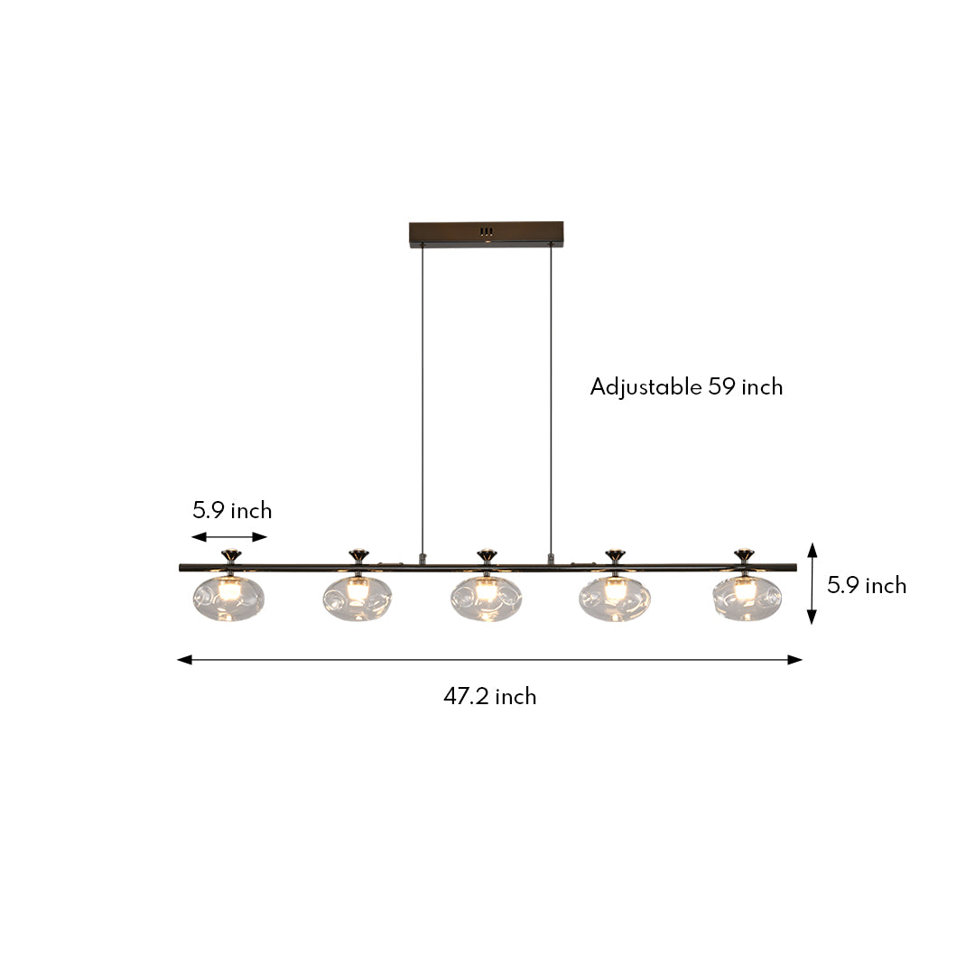 Technical drawing of linear glass chandelier showing multiple spherical glass shades in horizontal arrangement