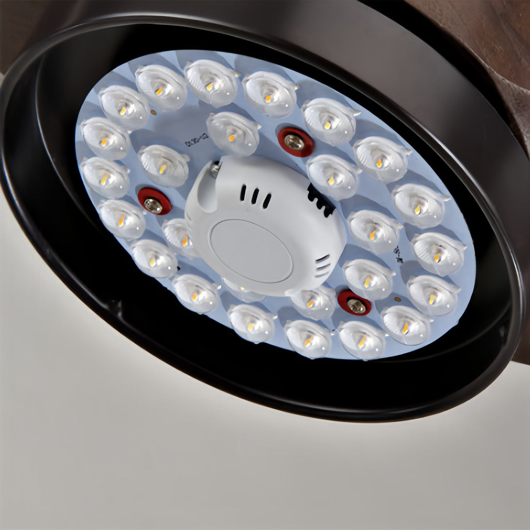 Technical view of 3 blade ceiling fan with light motor showing internal LED lighting components