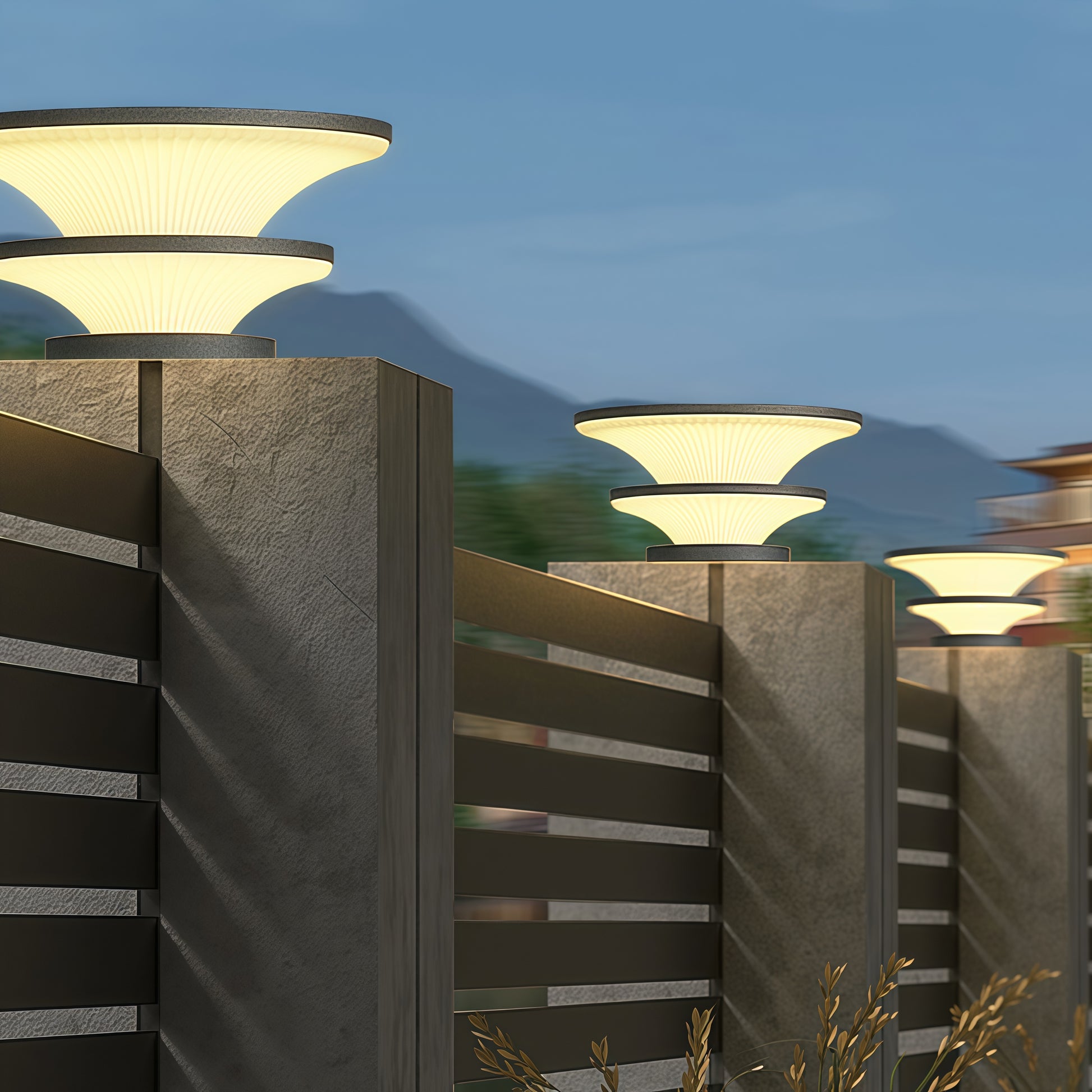 Technical diagram showing various sizes of pillar-style USB rechargeable table lamps for patio installation