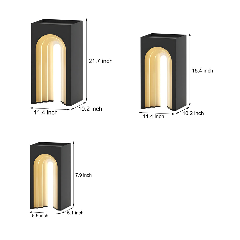 Technical specifications for architectural lighted lawn decorations showing dimensions and LED placement in geometric pillar design
