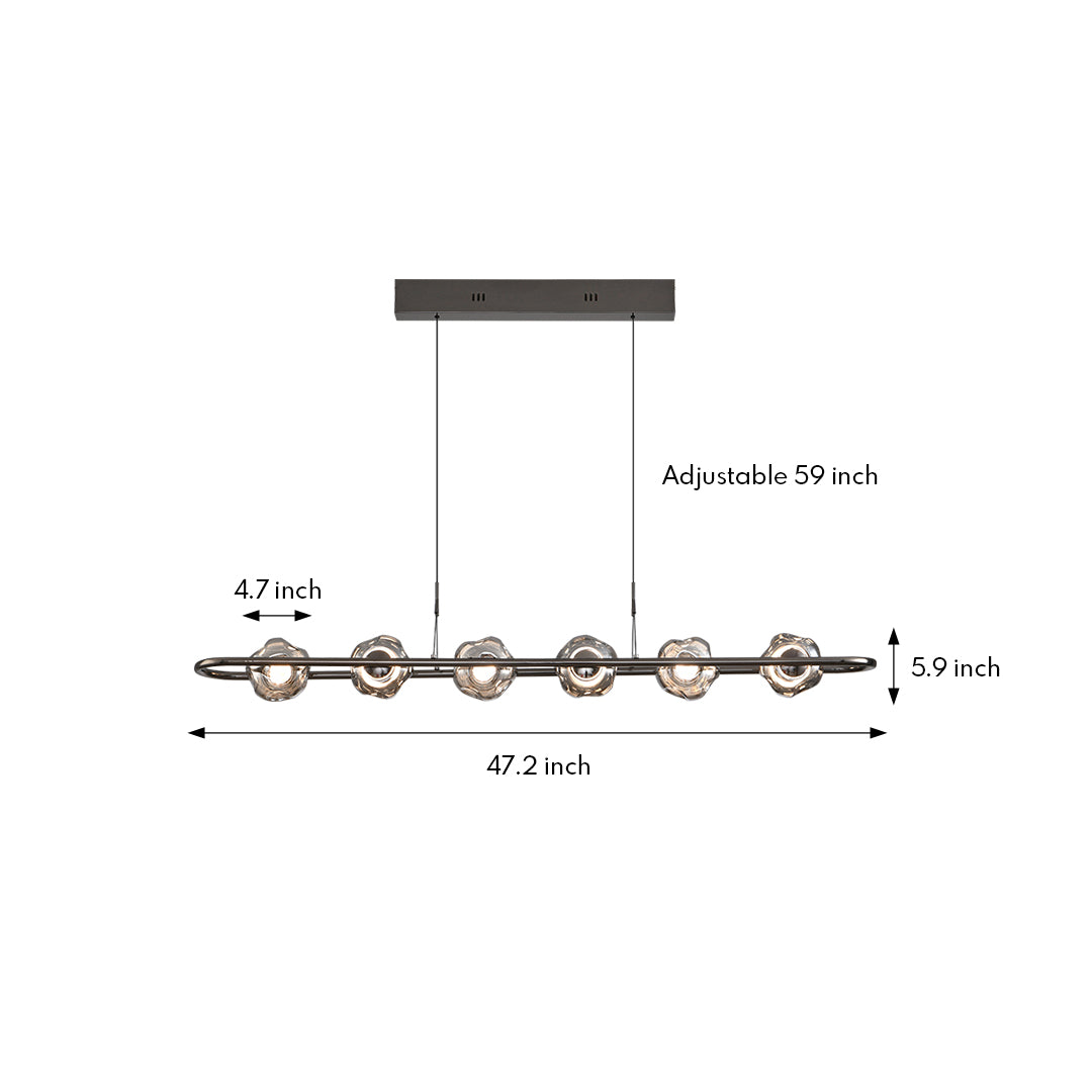 Technical drawing of rise and fall pendant light with linear arrangement of spherical glass shades