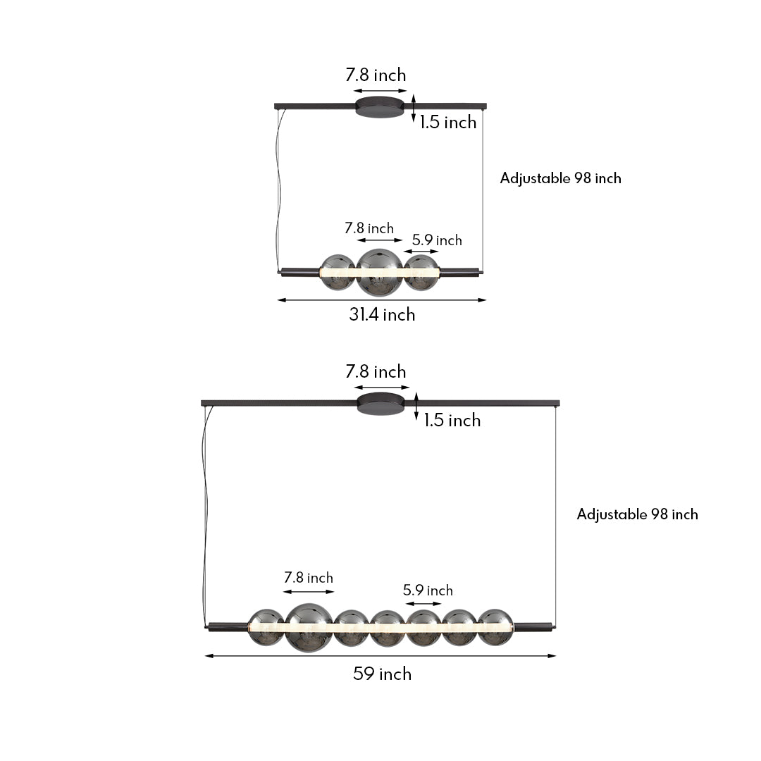 Technical drawing of silver pendant light for kitchen island featuring multiple spherical glass shades in linear arrangement