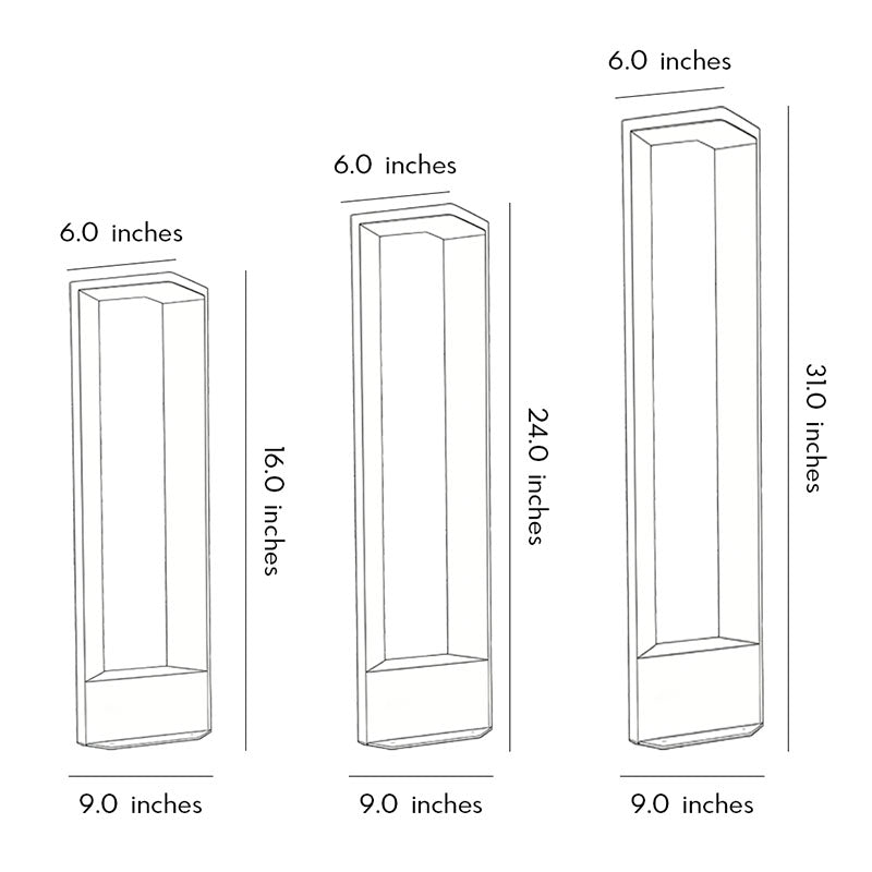 Technical size chart for architectural garden path lights showing three height options in inches