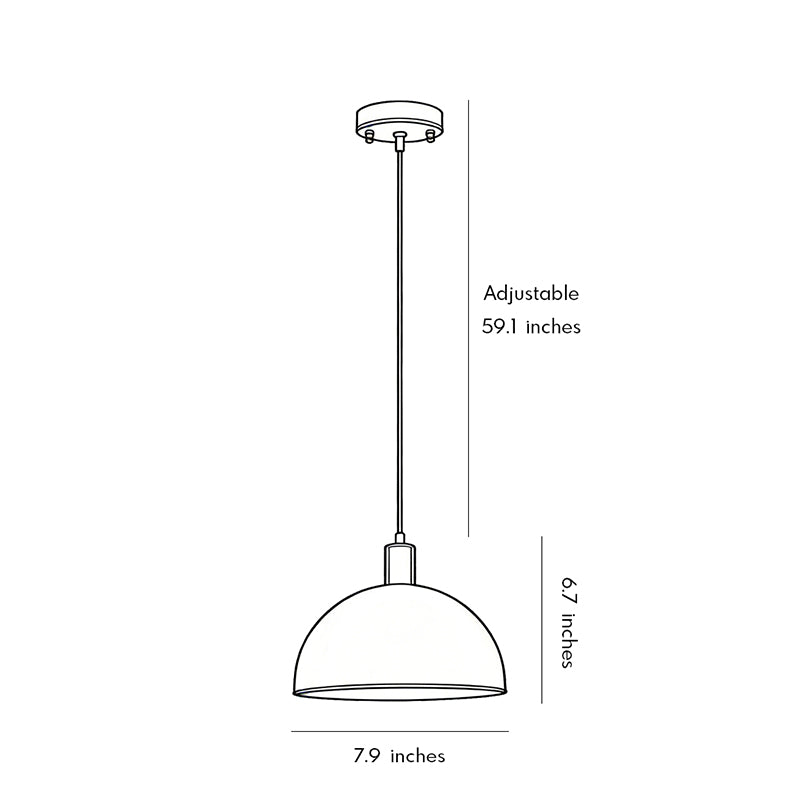 Technical size chart for brass pendant lighting showing dome height and adjustable cable length.