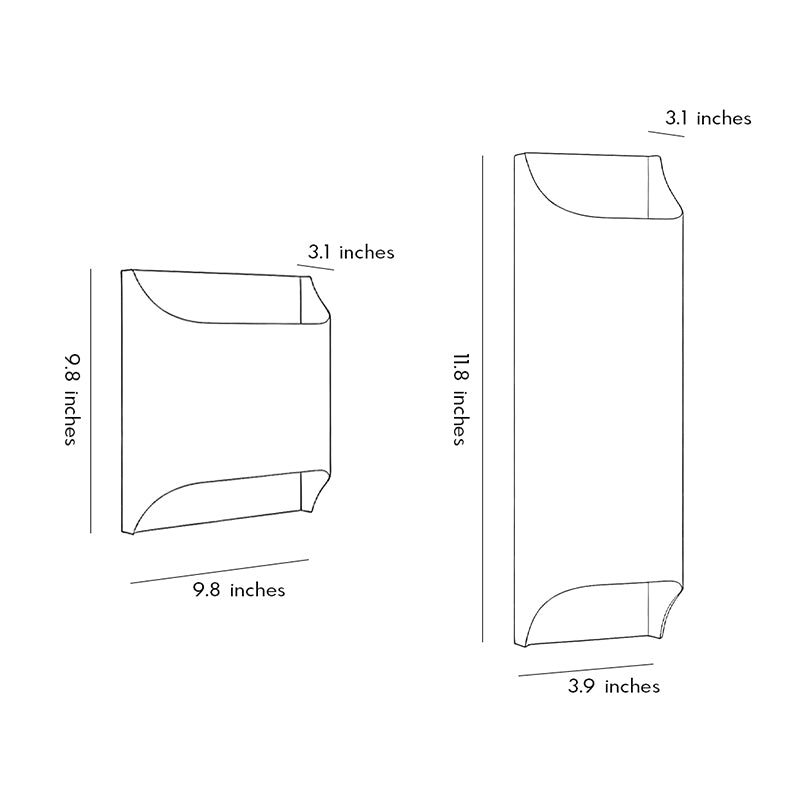 Technical size chart for brass wall lights showing square and tall height options in inches ok