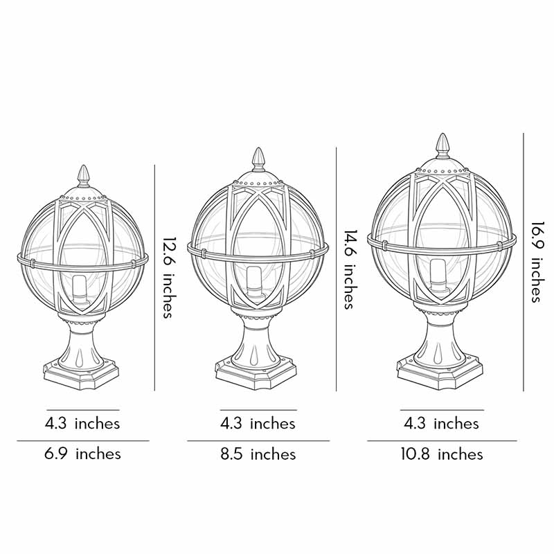 Technical size chart for globe pillar lights showing 12.6 and 16.9 inch height specifications .