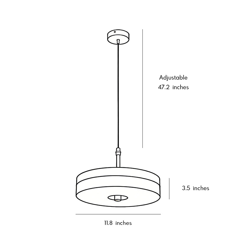 Technical size chart for a disc pendant light showing shade diameter and cord length in inches