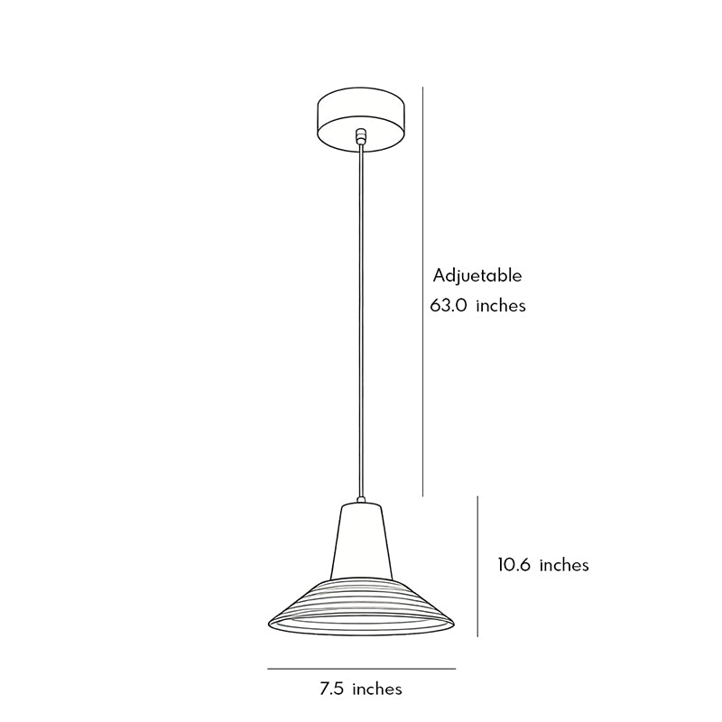 Technical size chart for a glass cone pendant light showing adjustable cord length and diameter