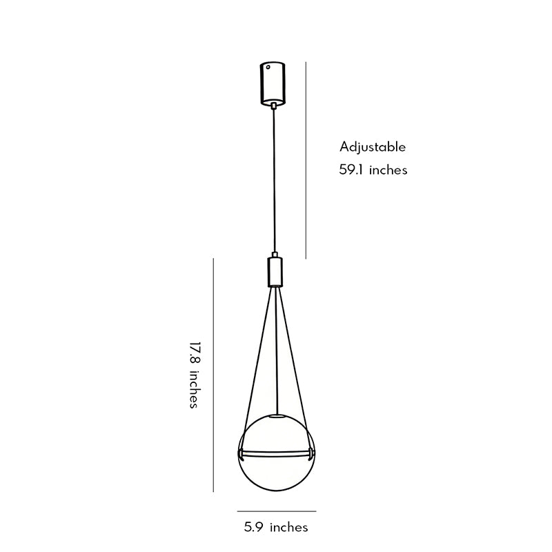 Technical size chart for a globe pendant light fixture showing adjustable height and dimensions