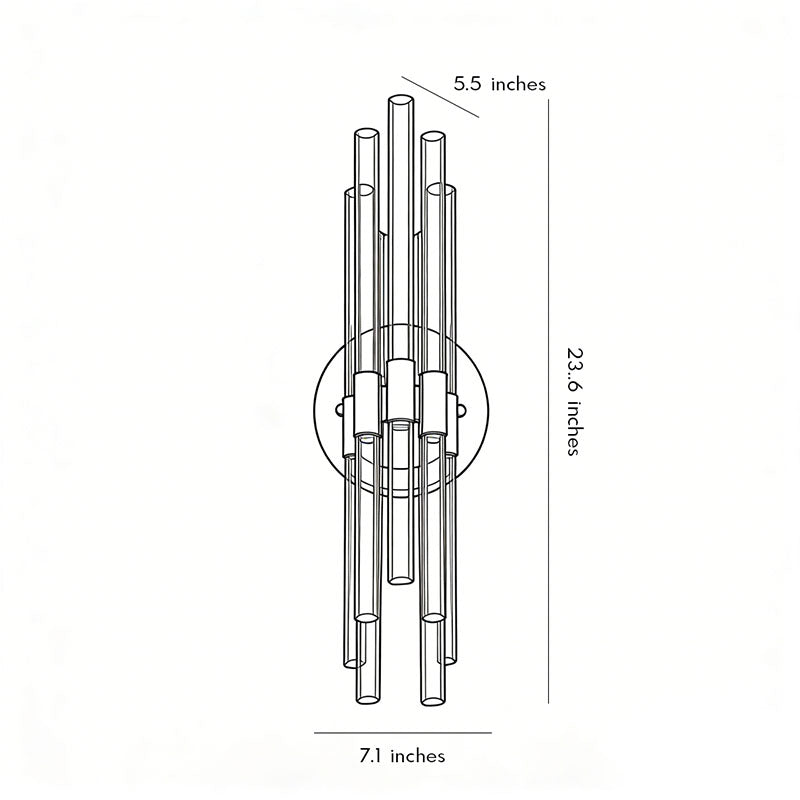 Technical size chart for a modern crystal wall light showing height and width in inches ok!!