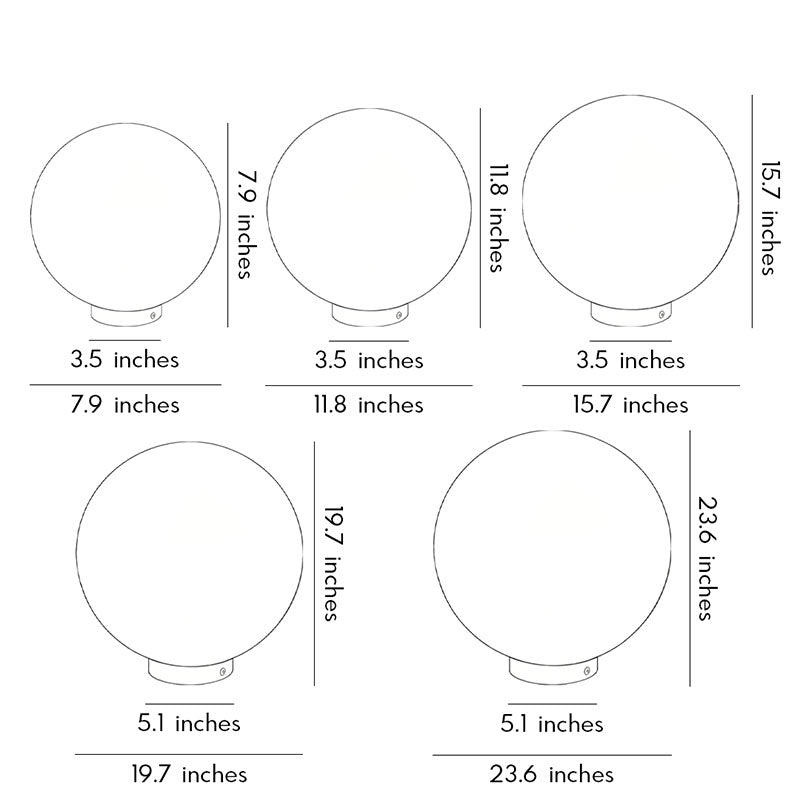Technical size chart for moon-shaped stone pillar lights showing 7.9 to 23.6 inch specs ok.