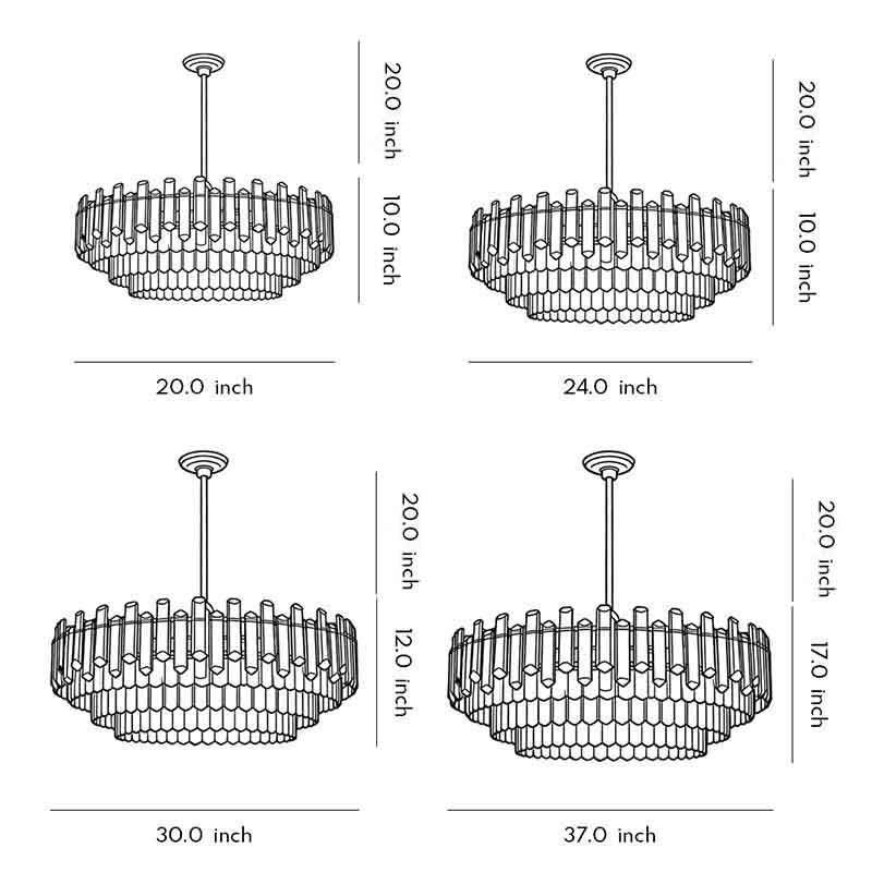 Technical size chart for a round drum crystal chandelier​ showing four different size options ok