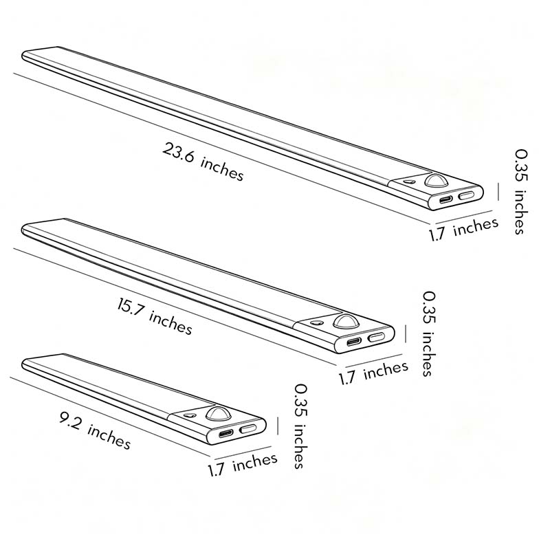 Technical size chart for under cabinet sensor lights showing three length options in inches ok!
