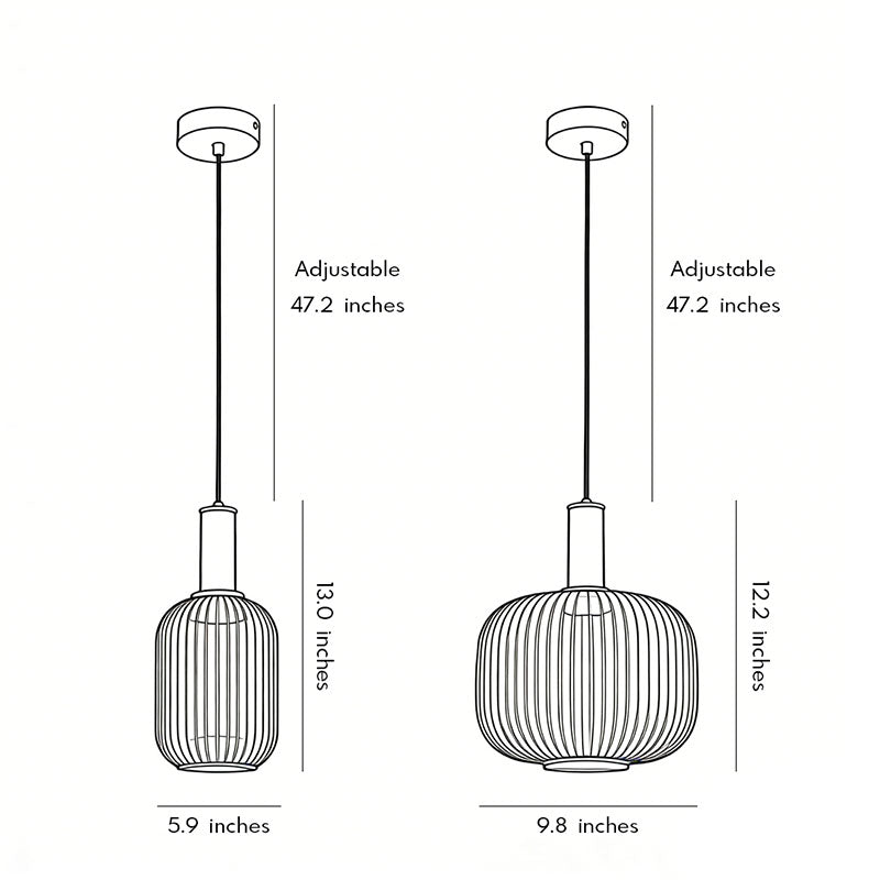 Technical size chart for vintage glass pendant light showing two shade styles and dimensions ok