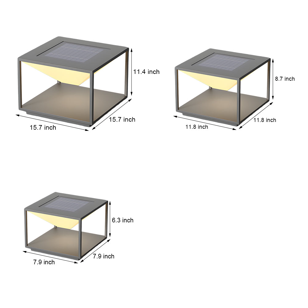 Technical specifications drawing showing dimensions and mounting details for rectangular solar pillar light fixture design
