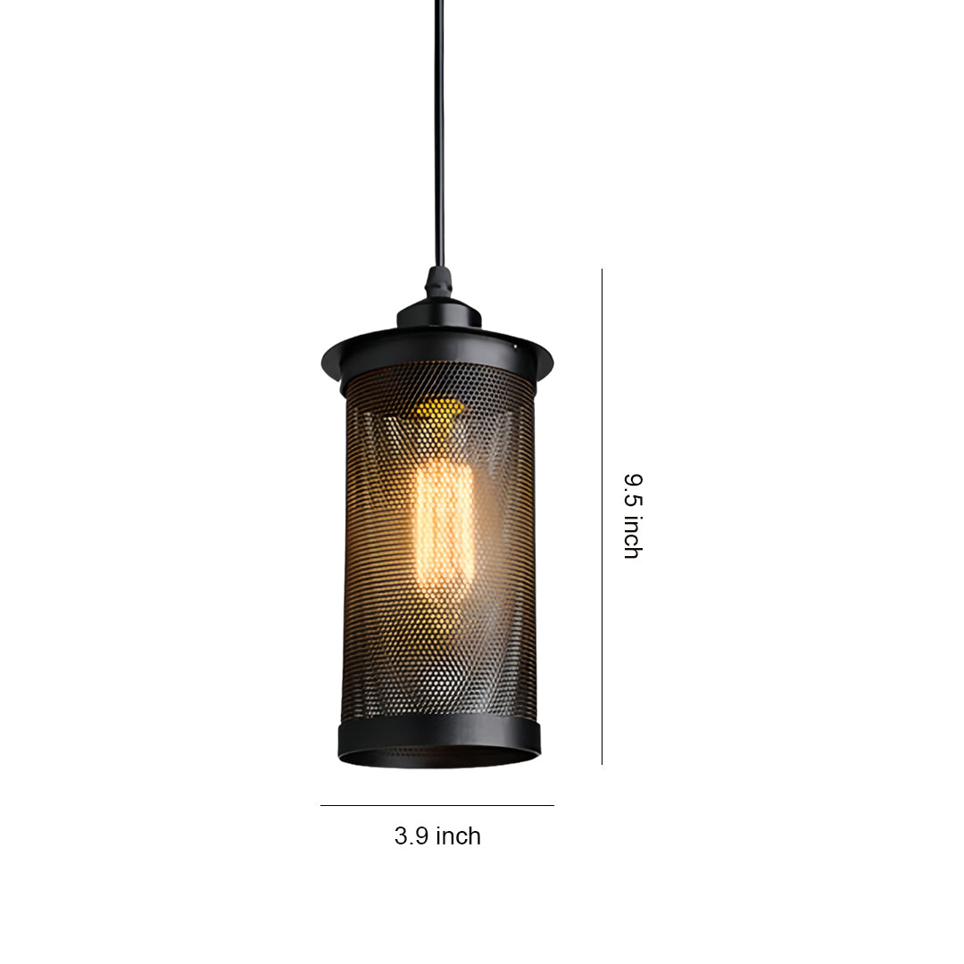 Technical specifications for the black cylinder retro industrial pendant lights, showing the 9.5-inch height and 3.9-inch diameter.