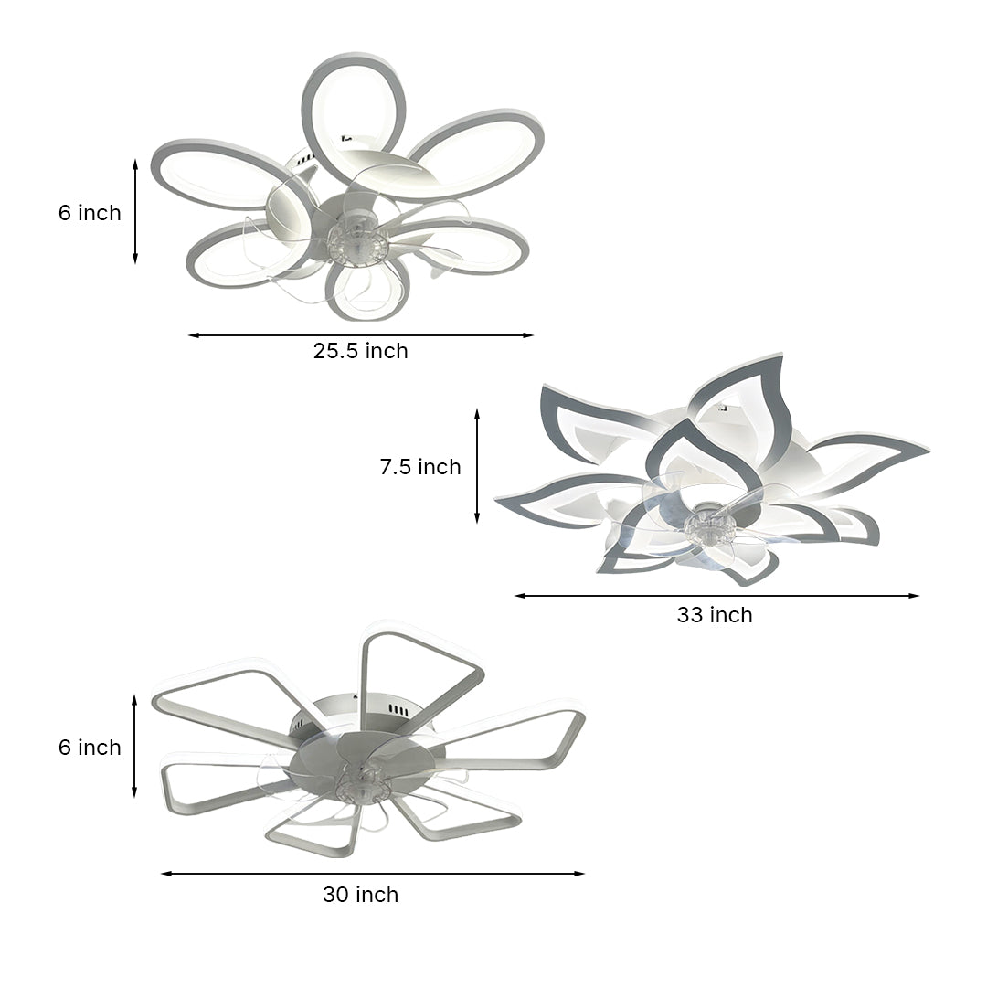Technical diagram showing three size options for LED flower ceiling lights