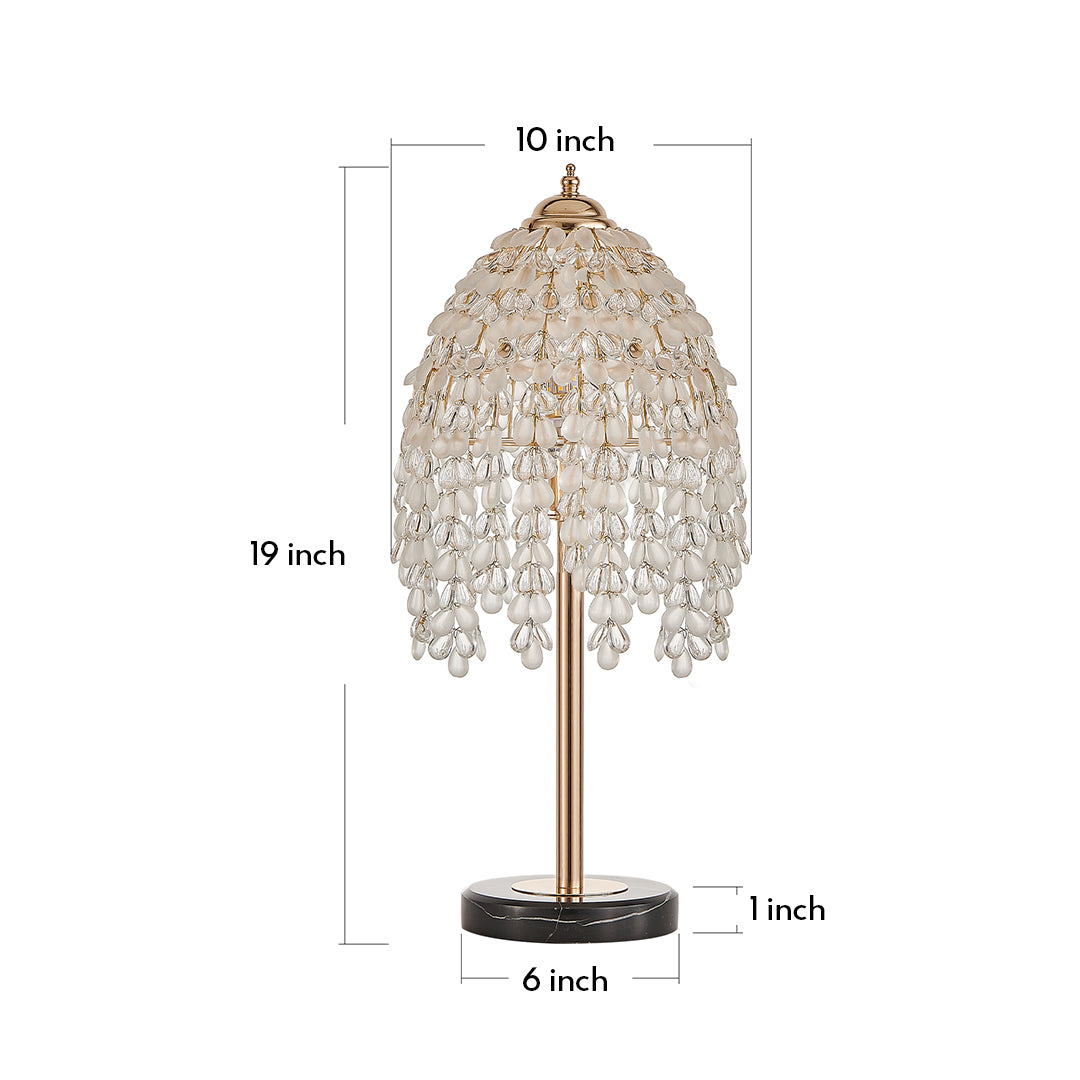 Technical specifications for gold bedside table lamp with glass shade chandelier styling showing dimensions and cord length.