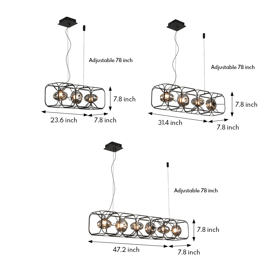 Technical drawing of square cage chandelier with linear wire frame design and multiple bulb configurations