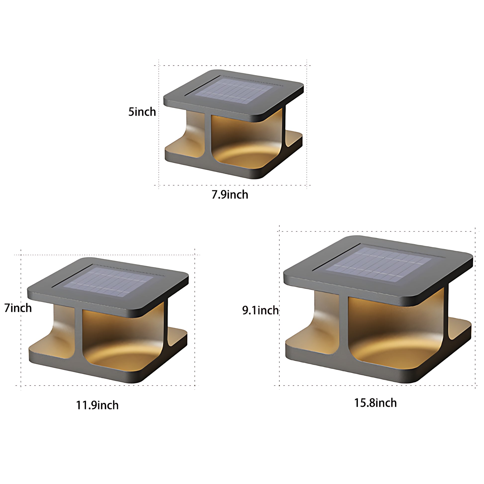 Technical diagram of square pillar rechargeable table lamp showing multiple size configurations