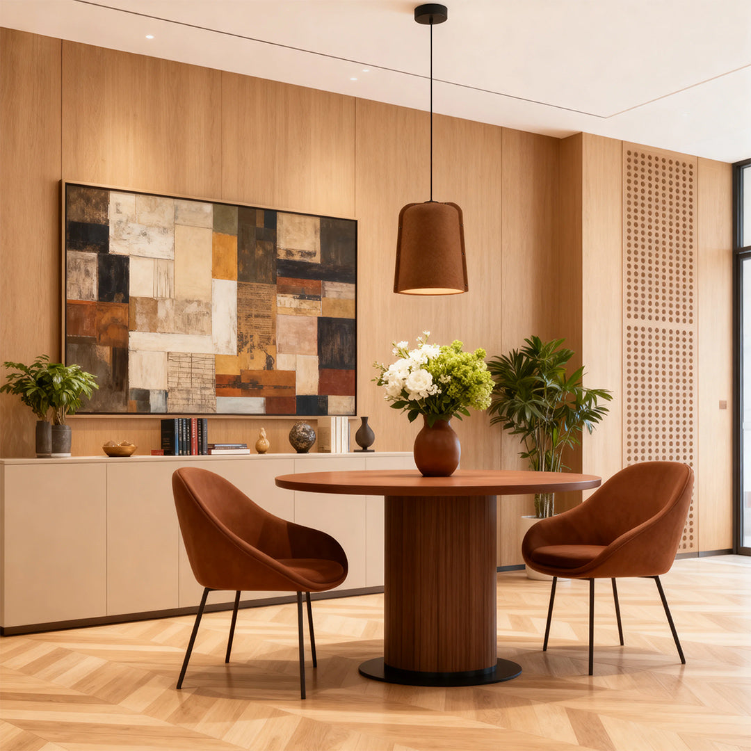 Single terracotta-colored bell-shaped adjustable pendant light hanging over a small round table in a wood-accented commercial space.