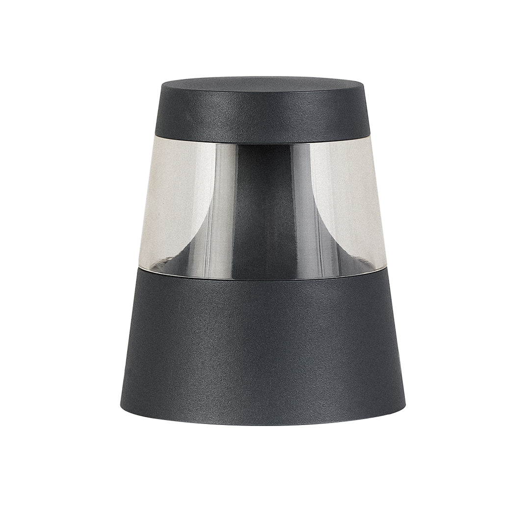 Contemporary LED path light with textured black finish and integrated warm lighting for outdoor spaces